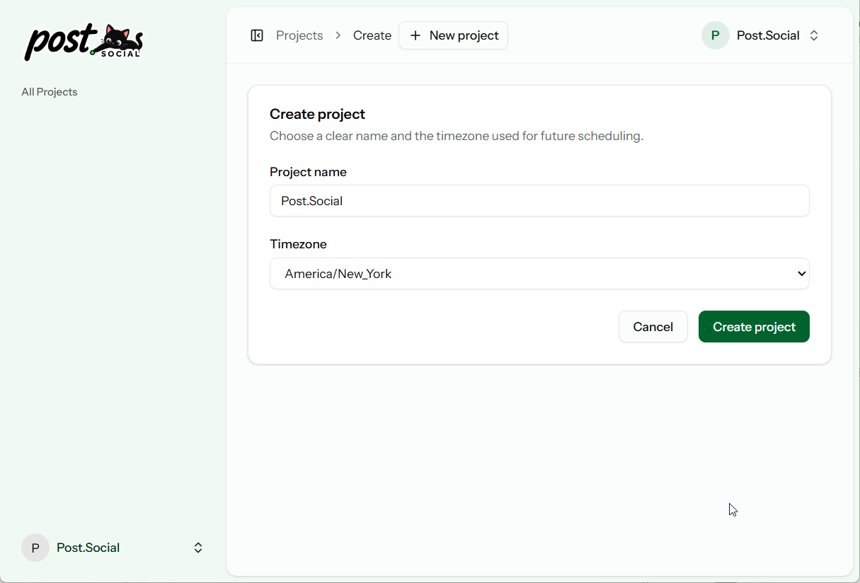 Create Project form in Post.Social