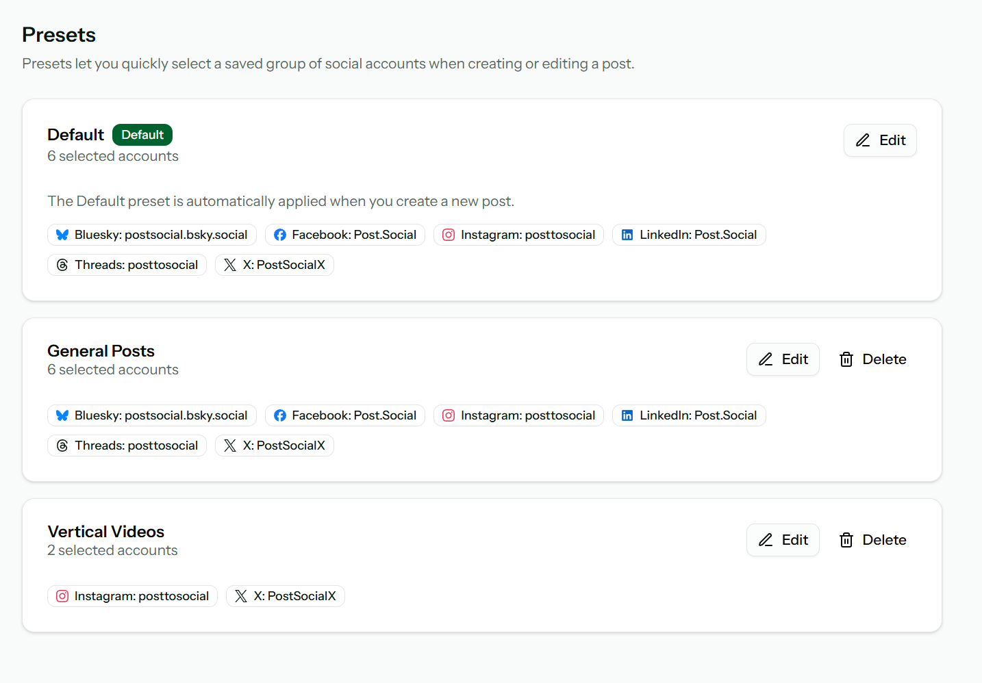 Account selection and preset