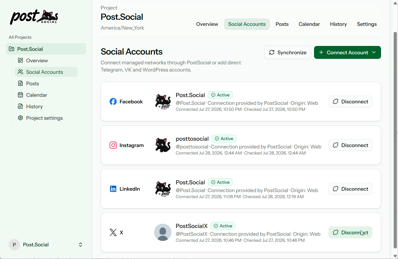 Connected social accounts in Post.Social
